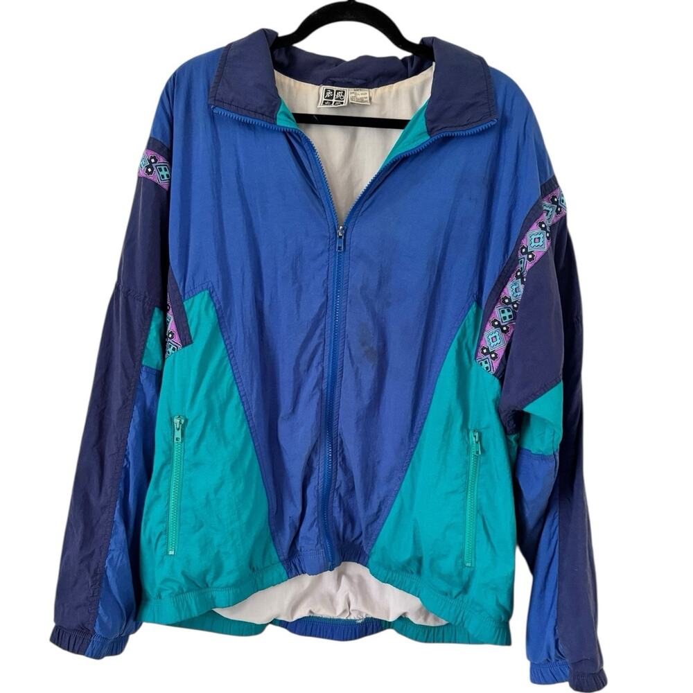 Vintage Nylon Windbreaker Men’s Size Large Colorblock Aztec Zip Up Gorpcore